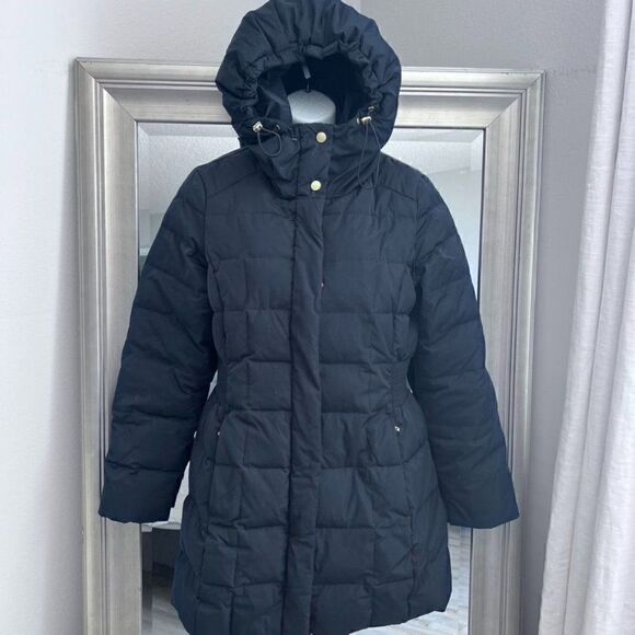 COLE HAAN Women's Taffeta Down Coat with Bib Front and Dramatic Hood, Black, SP - Picture 1 of 9